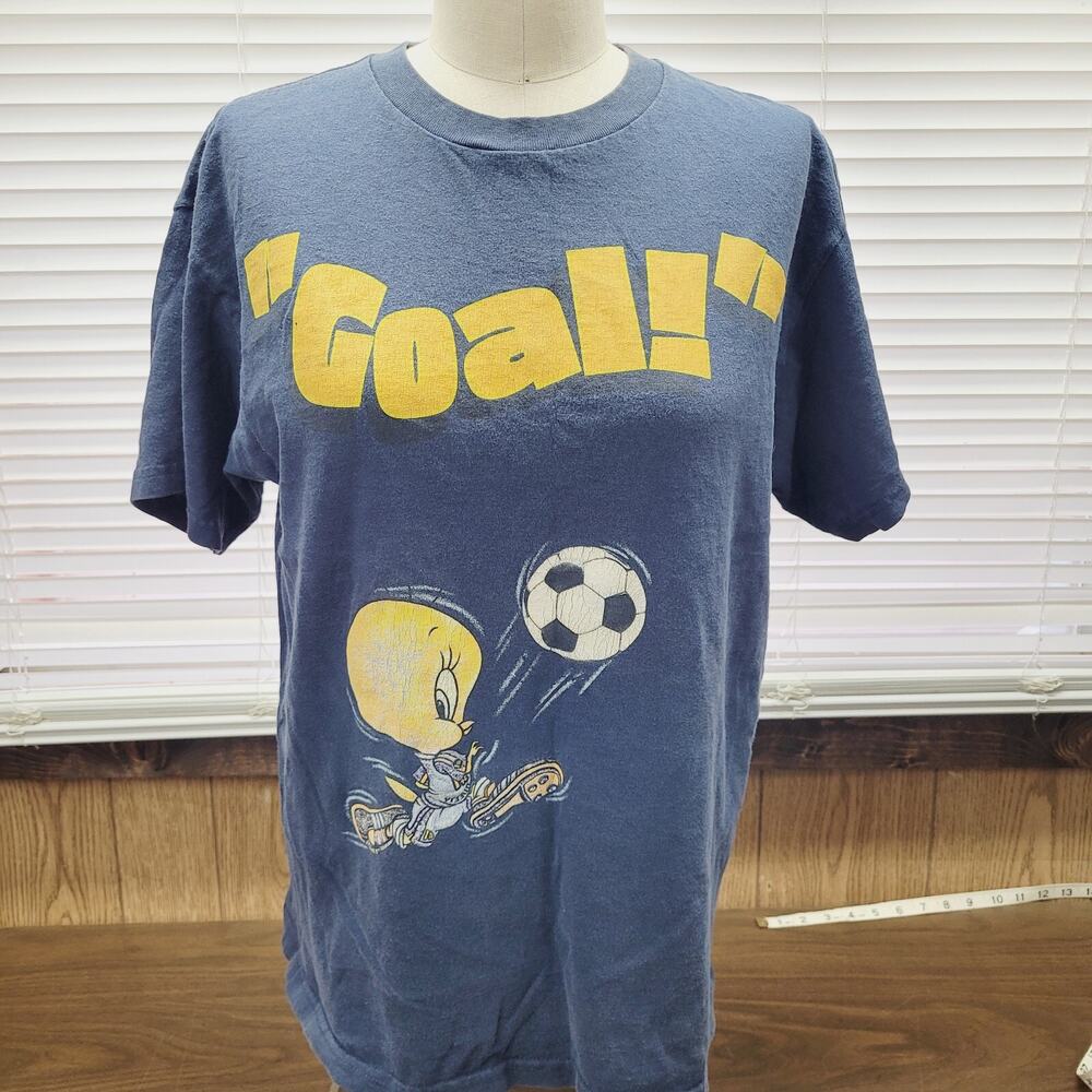 Vtg Kids Looney Tunes Tshirt Double Sided Soccer Football Retro Hip Hop XL 14-16